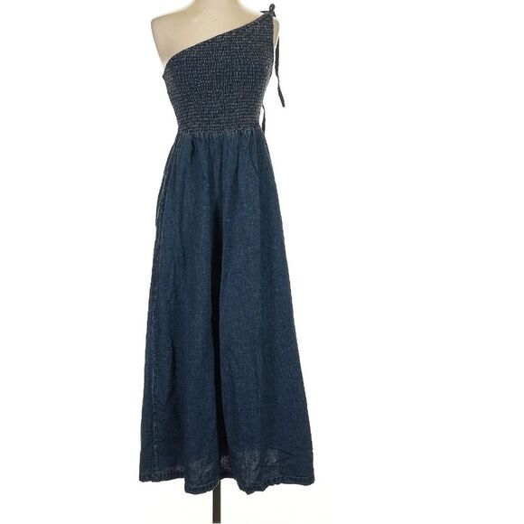 ASOS 100% Cotton One-Shoulder Smocked Blue Denim Maxi Dress Size 2 - Picture 1 of 6